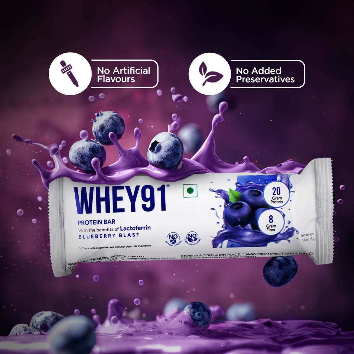 Whey91 Blueberry Blast Protein Bars - 20g protein, 8g fibre (Pack of 6 bars)