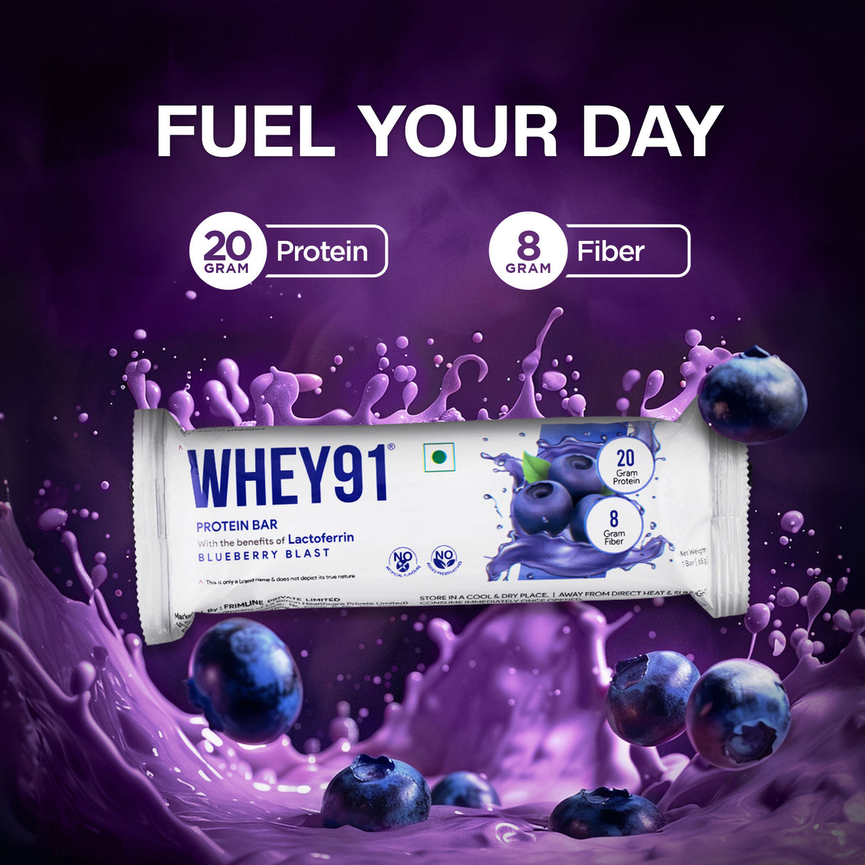 Whey91 Blueberry Blast Protein Bars - 20g protein, 8g fibre (Pack of 6 bars)