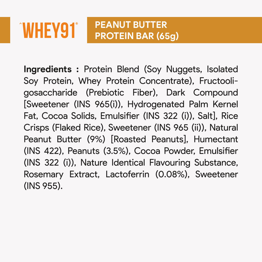 Whey91 Peanut Butter Protein Bars - 20g protein 3.9g Fibre  (Pack of 6 bars)