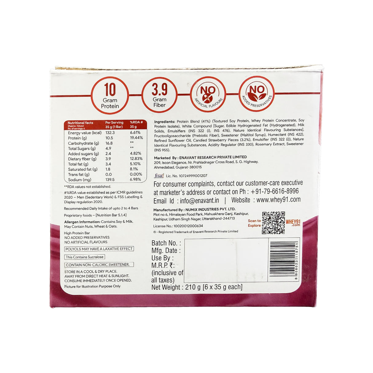 Whey91 Strawberry Splash Protein Bars - 10g Protein 3.9g Fiber (Pack of 6 bars)