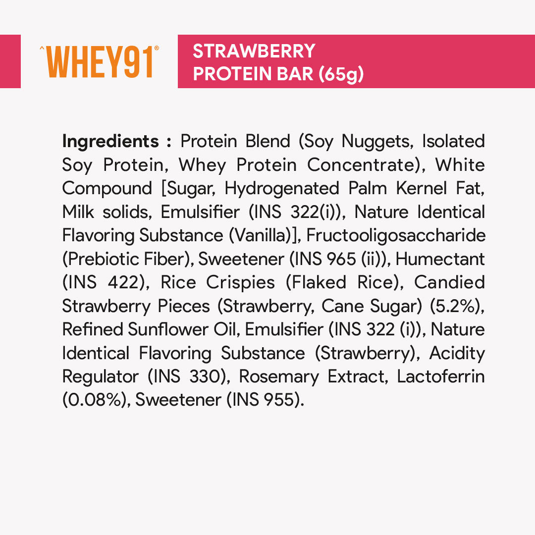 Whey91 Strawberry Splash Protein Bars - 20g Protein 8g Fibre (Pack of 6 bars)