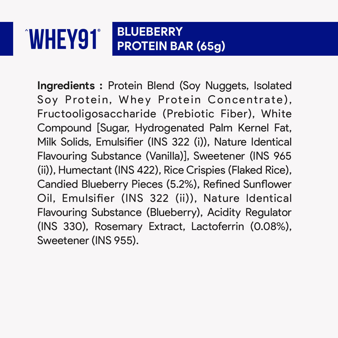 Whey91 Blueberry Blast Protein Bars - 20g protein, 8g fibre (Pack of 6 bars)