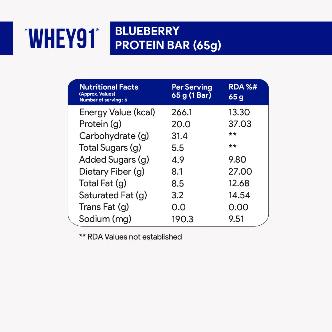 Whey91 Blueberry Blast Protein Bars - 20g protein, 8g fibre (Pack of 6 bars)