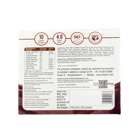 Whey91 Choco Fudge Protein Bars - 10g protein 4g fiber (Pack of 6 bars)