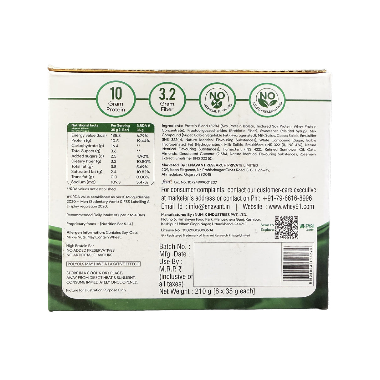 Whey91 Coconut Delight Protein Bars - 10g Protein, 3.2g Fiber (Pack of 6 bars)