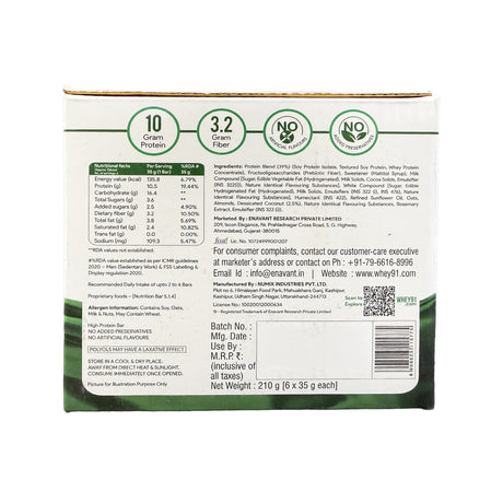 Whey91 Coconut Delight Protein Bars - 10g Protein, 3.2g Fiber (Pack of 6 bars)